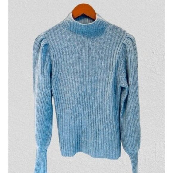 Aqua 100% Cashmere Balloon Sleeve Sweater In Heather Blue Size Small - Picture 2 of 9